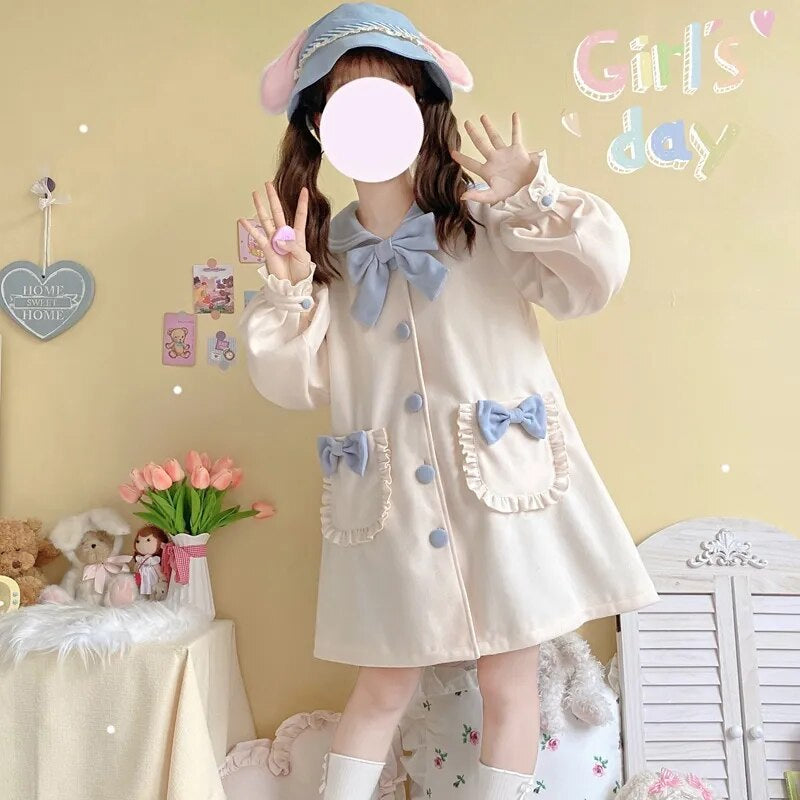 Kawaii sweet sailor long blue white trench coat with bows