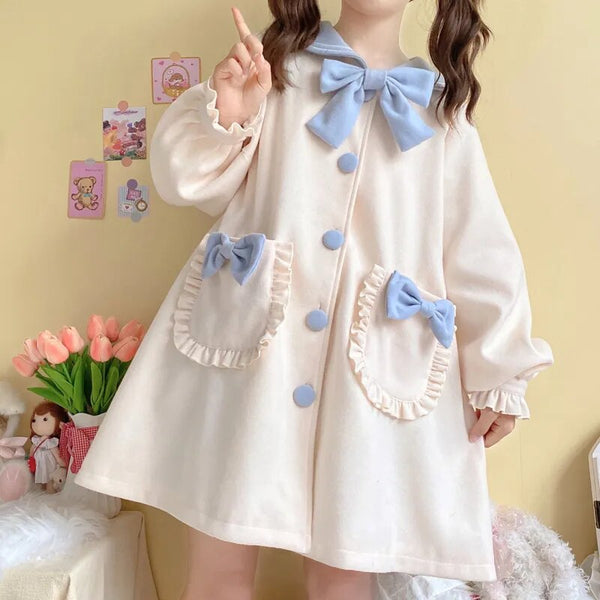 Kawaii sweet sailor long blue white trench coat with bows