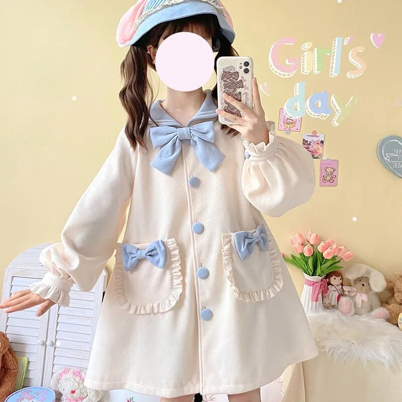 Kawaii sweet sailor long blue white trench coat with bows