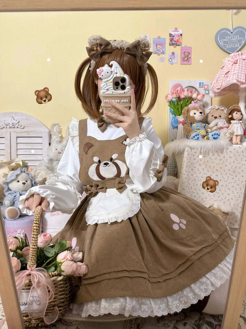 Kitsune corudroy suspender dress - apron - dress - bear - brown - cords