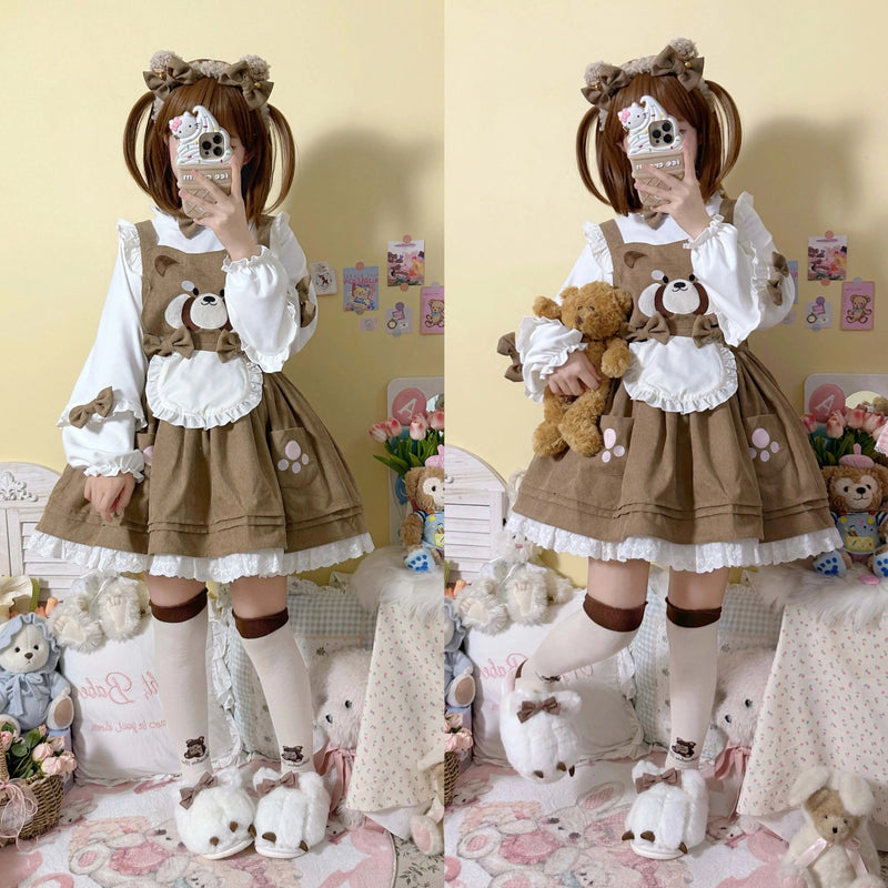 Kitsune corudroy suspender dress - apron - dress - bear - brown - cords