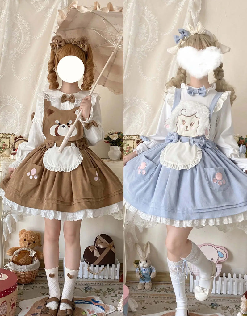 Kitsune corudroy suspender dress - apron - dress - bear - brown - cords