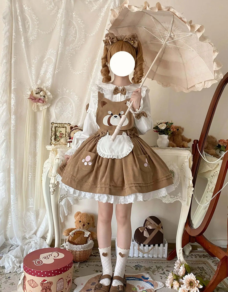 Kitsune corudroy suspender dress - apron - dress - bear - brown - cords