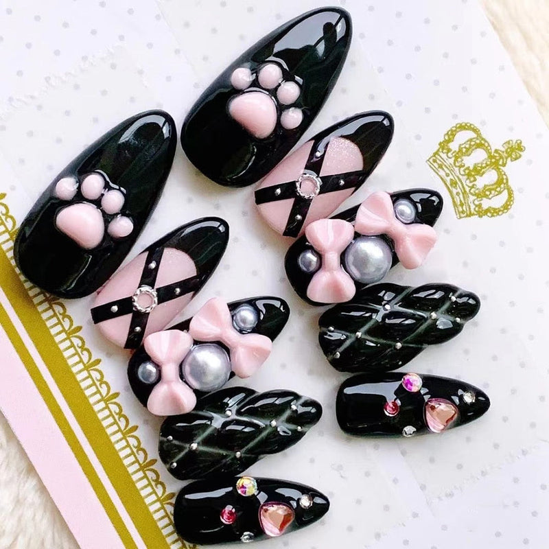 Kitten paw press on nails - bows - kawaii - nails - paw print - paws