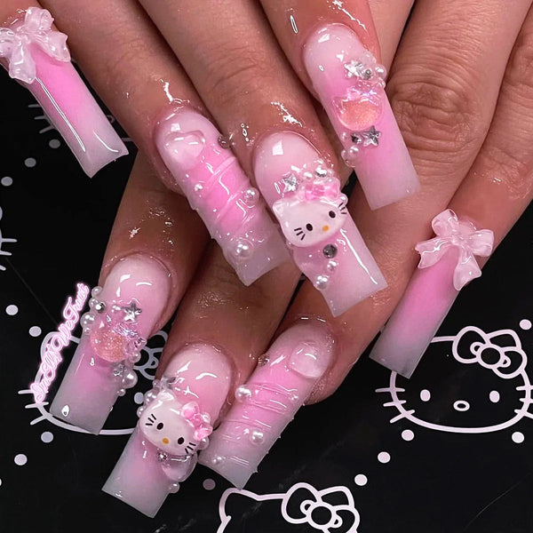 Kitty square long 3d press on nails - bows - hearts - hello kitty - kawaii - nails