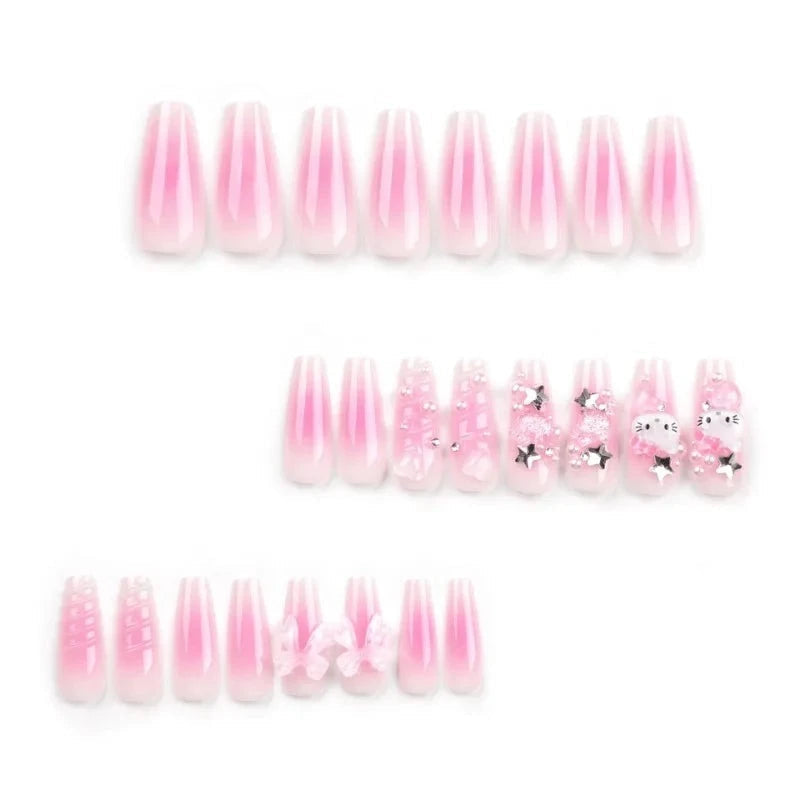 Kitty square long 3d press on nails - bows - hearts - hello kitty - kawaii - nails