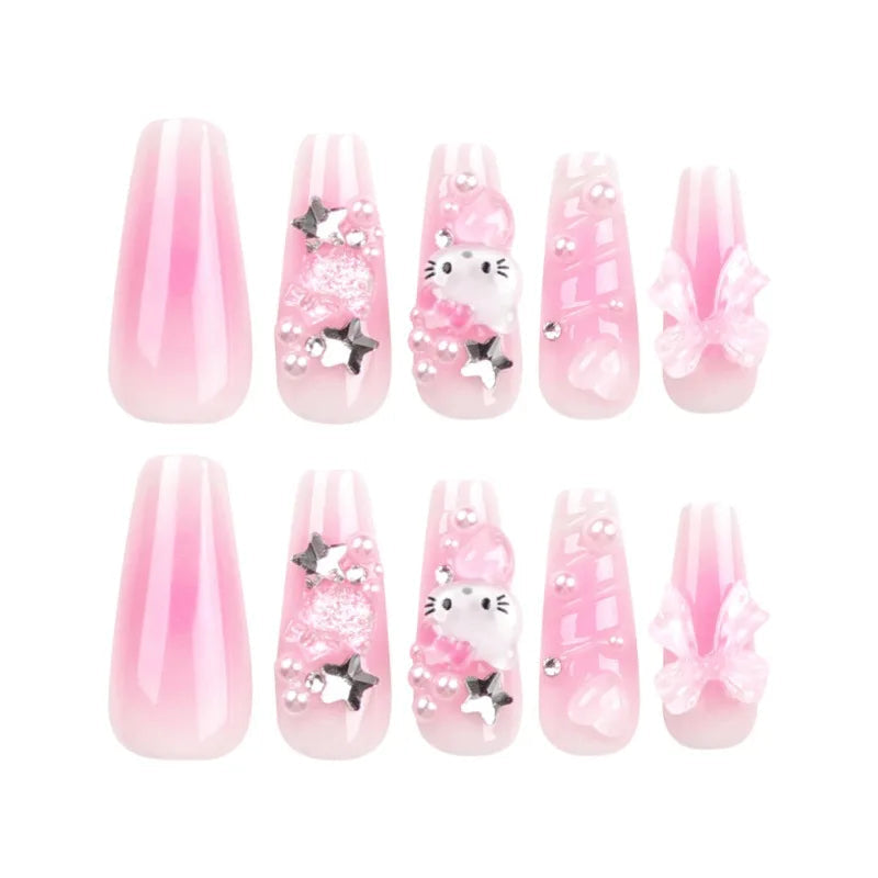 Kitty square long 3d press on nails - bows - hearts - hello kitty - kawaii - nails