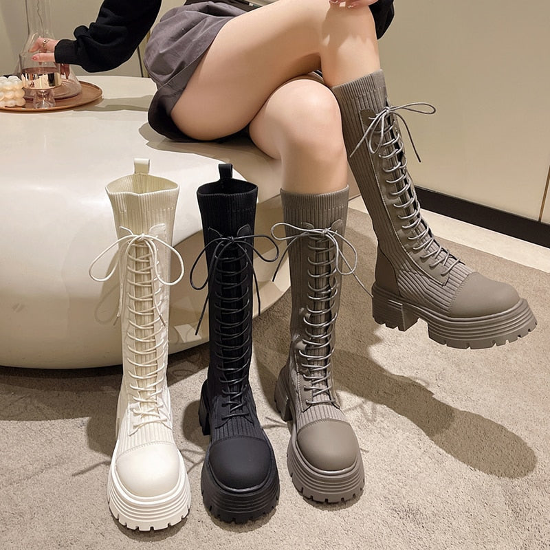 Knit Ribbed Chunky Platform Knee High Lace Boots Kawaii Babe