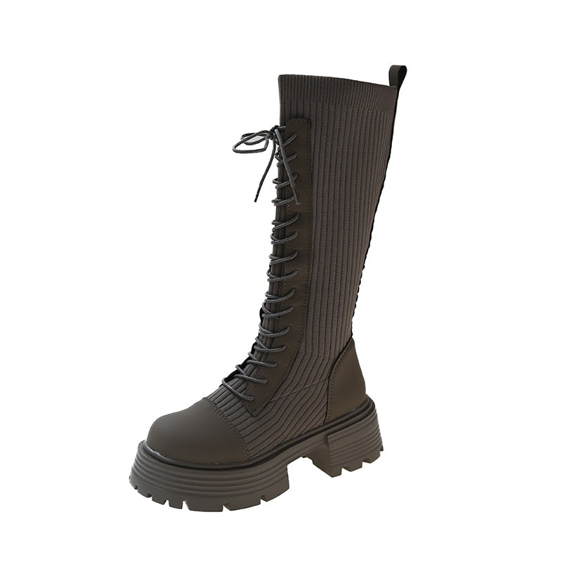 Knit Ribbed Chunky Platform Knee High Lace Boots Kawaii Babe Knit Ribbed Chunky Platform Knee High Lace Boots Kawaii Babe