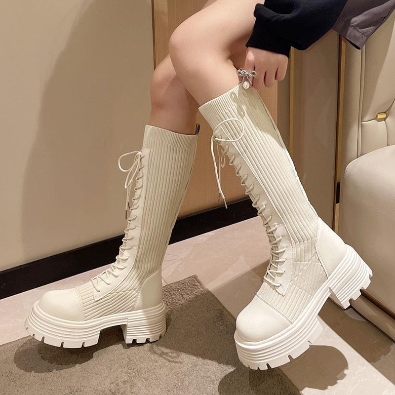 Knit Ribbed Chunky Platform Knee High Lace-Boots | Kawaii Babe