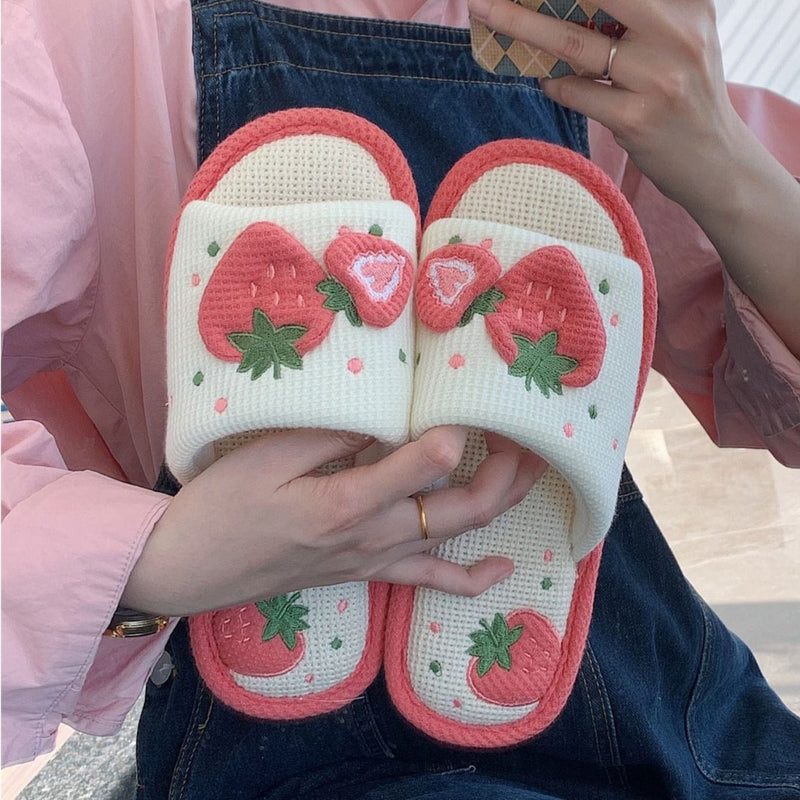Knit strawberry slides - embroidery - fuzzy slippers - slides - strawberries
