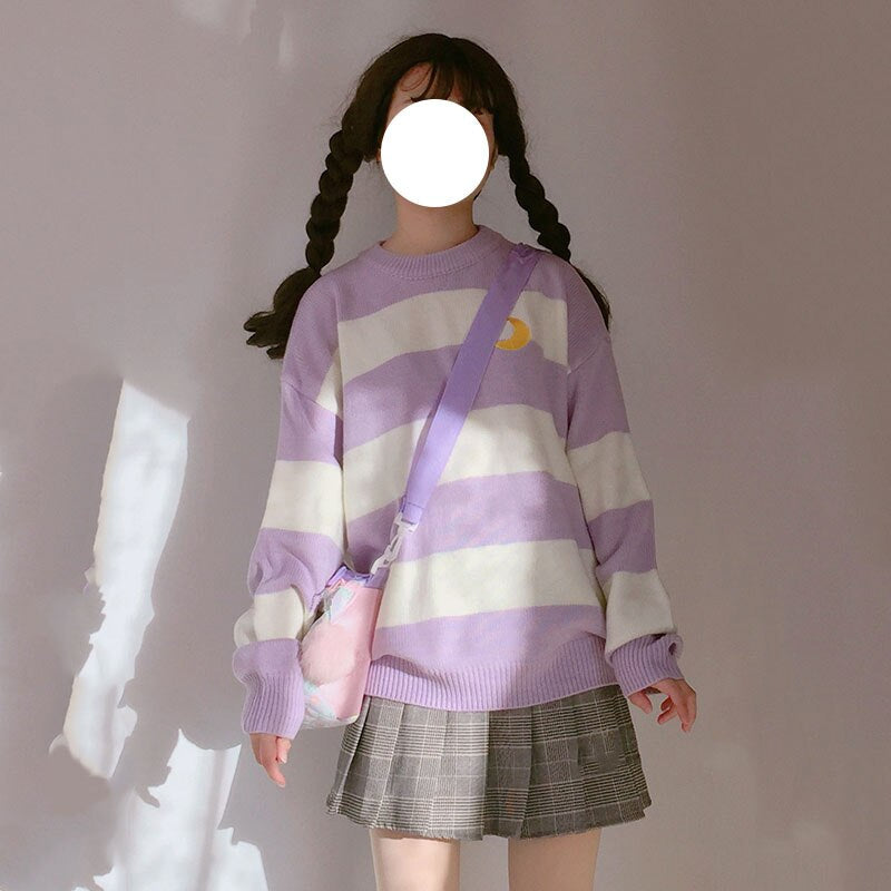 Kawaii knit striped moon sweatshirt sweater | babe