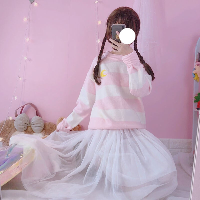 Kawaii knit striped moon sweatshirt sweater | babe