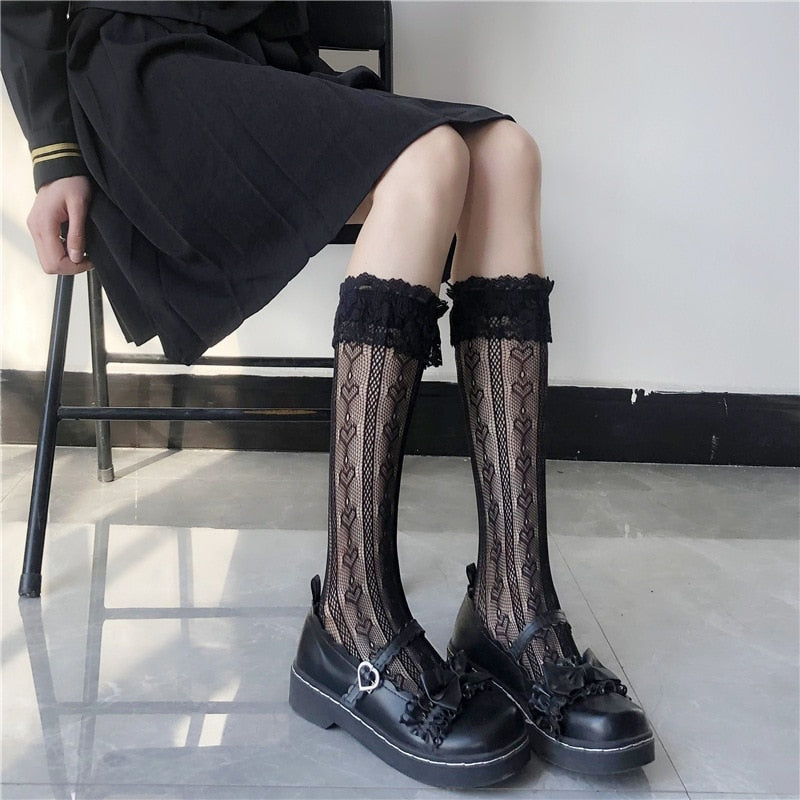 Lace Heart & Ribbon Stockings Lolita Socks Fishnets Kawaii Babe