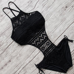 sexy lace swimsuit bikini one piece swimwear beach see through hollow cut out criss cross x halter style spaghetti strap by kawaii babe