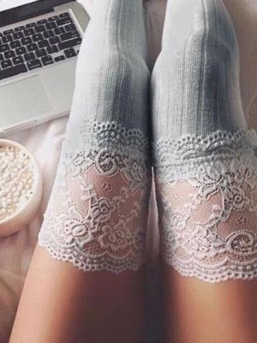 Sexy Grey Lace Thigh High Stockings Knee High Socks Lingerie 