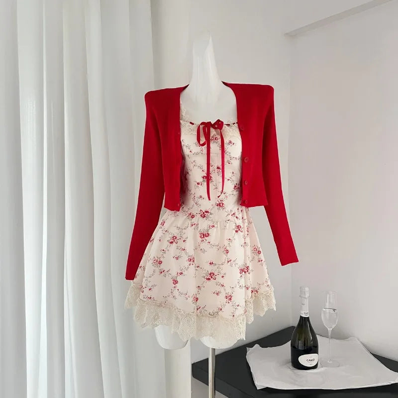 kawaii red dress Floral Lady Rosebud Outfit Set Cardigan & Dress