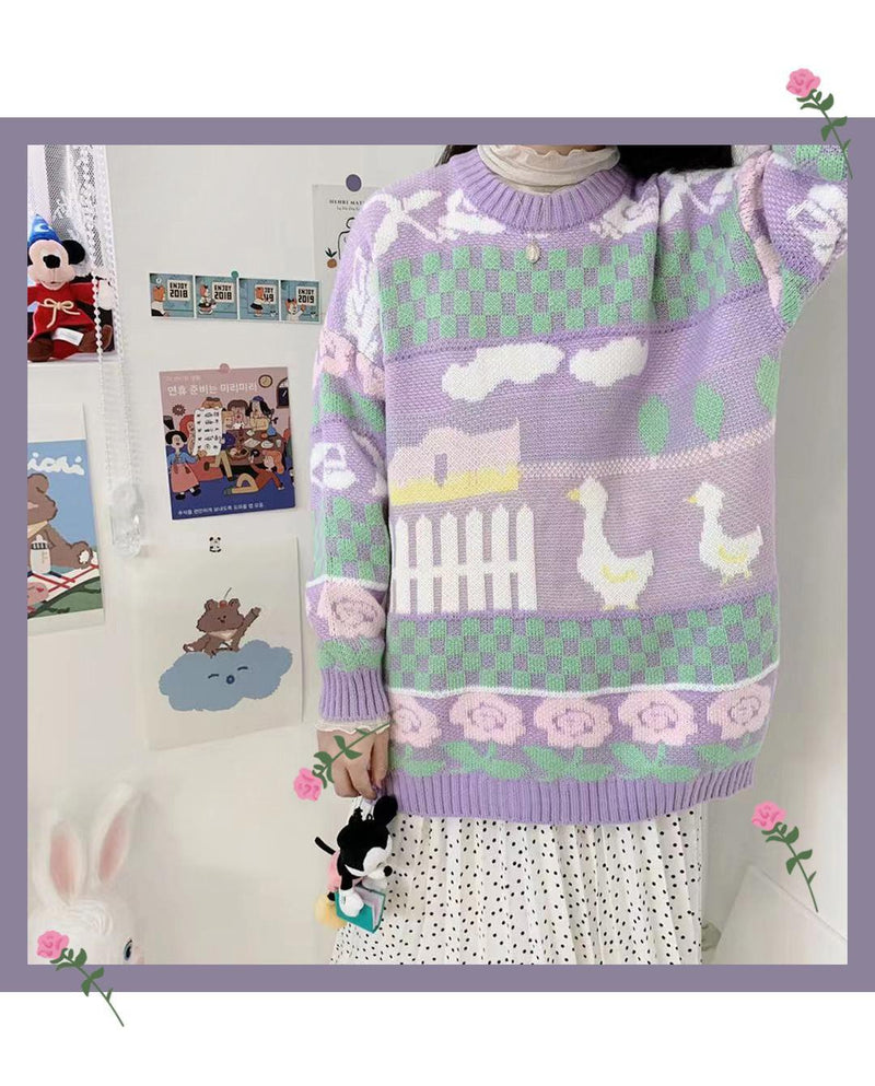 Lavender farm pullover - duck - ducks - ducky - fairy kei - knit