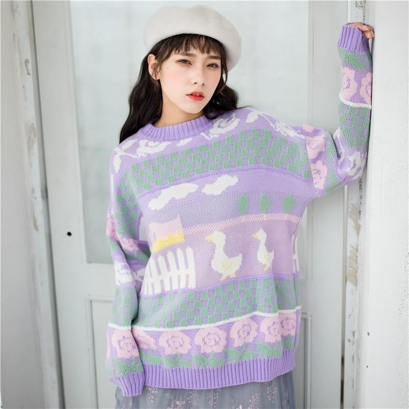 Lavender farm pullover - duck - ducks - ducky - fairy kei - knit