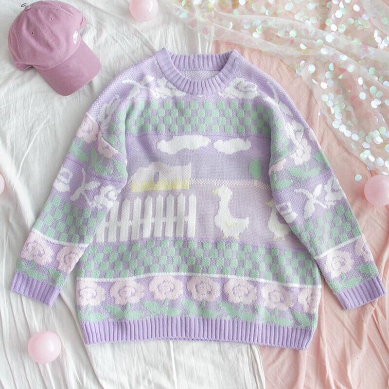 Lavender farm pullover - duck - ducks - ducky - fairy kei - knit