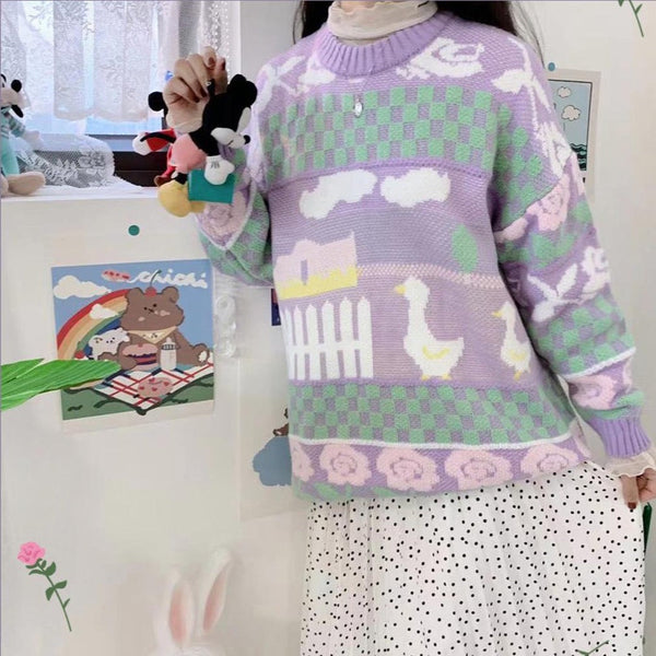 Lavender farm pullover - duck - ducks - ducky - fairy kei - knit