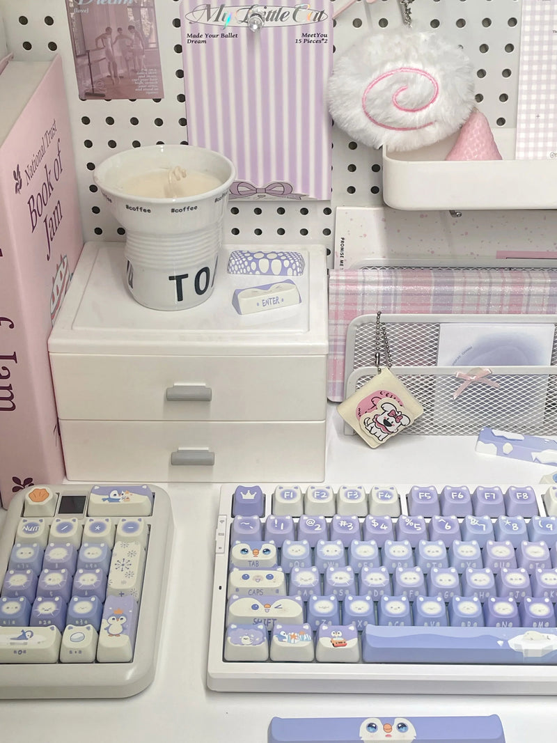 Lavender penguin full key cap set - 142 keycaps - backlit - kawaii - key caps - keyboard