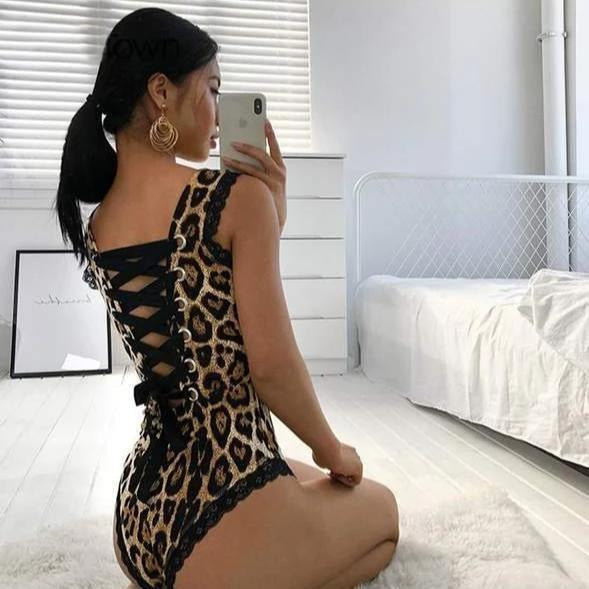 Leopard lace back bodysuit - bodysuits - corset - corseting - jumper - jumpsuit