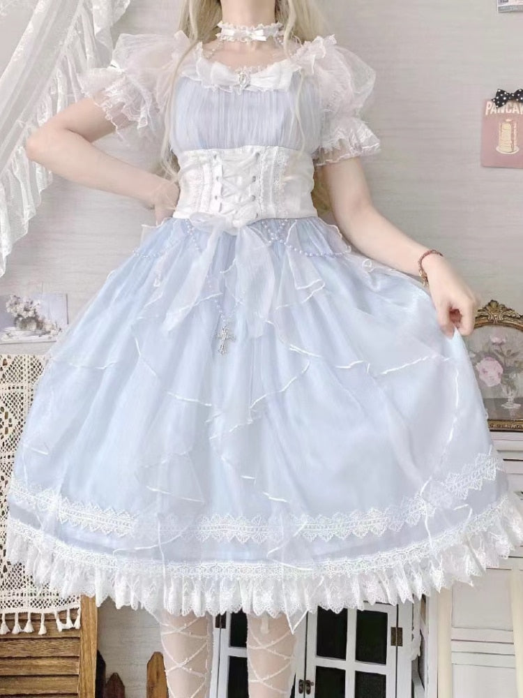 Light blue fairy princess dress - blue - dress - kawaii - lace - layered