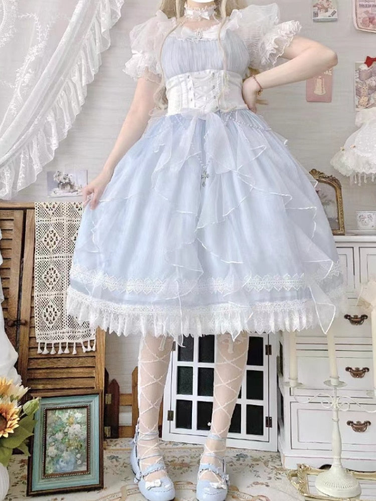 Light blue fairy princess dress - blue - dress - kawaii - lace - layered