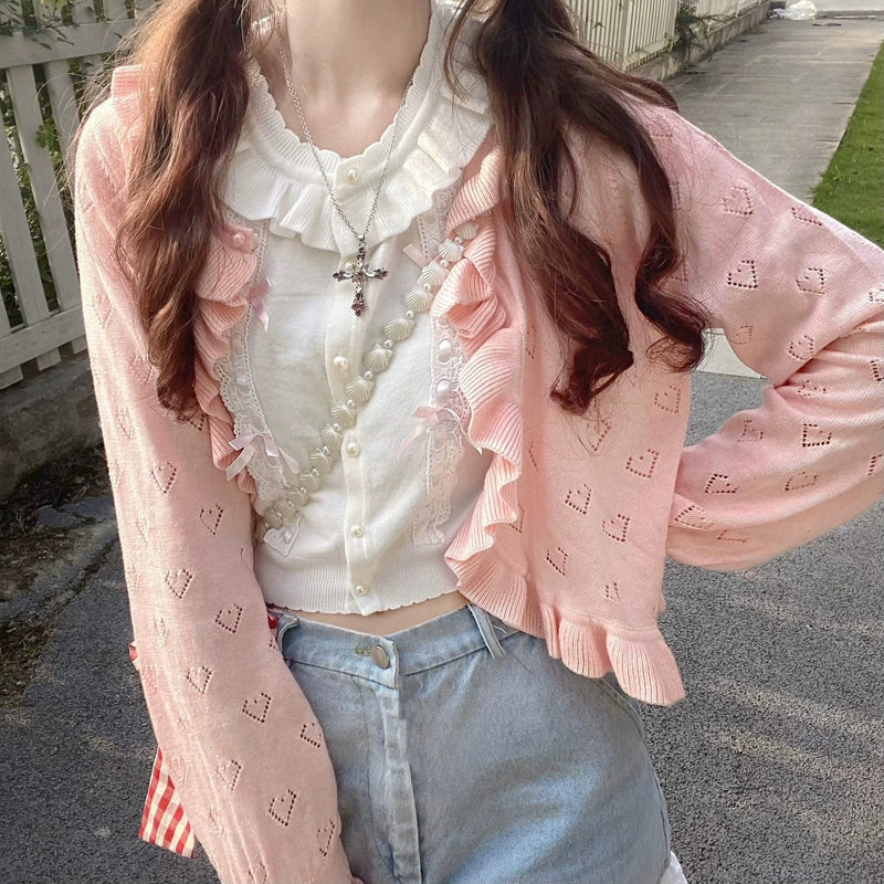 Kawaii long sleeve ruffled heart cardigan sweater outerwear