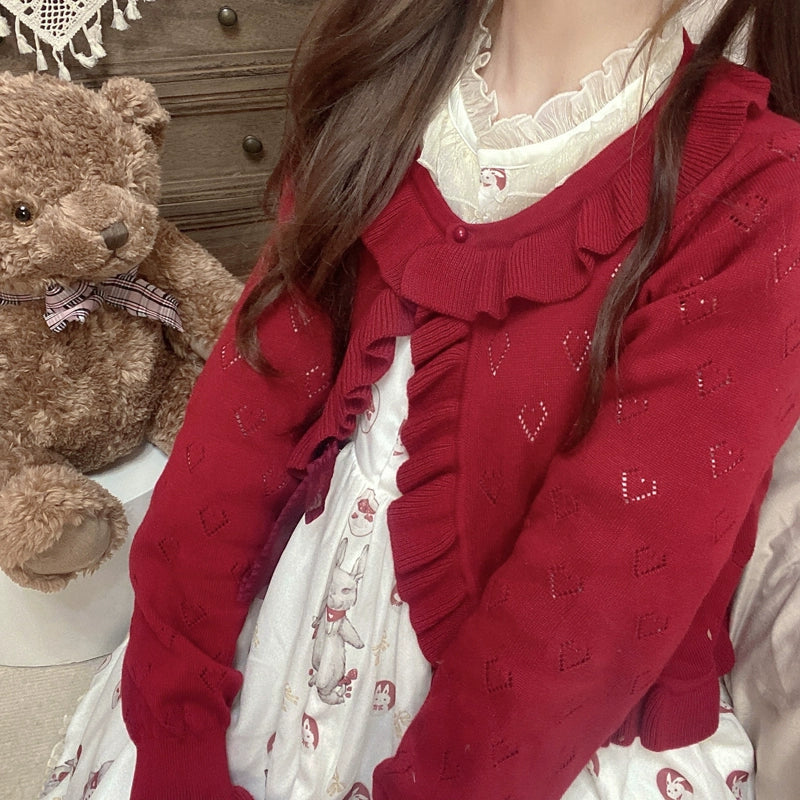 Kawaii long sleeve ruffled heart cardigan sweater outerwear