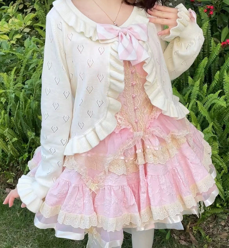 Kawaii long sleeve ruffled heart cardigan sweater outerwear