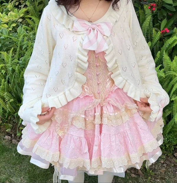 Kawaii long sleeve ruffled heart cardigan sweater outerwear