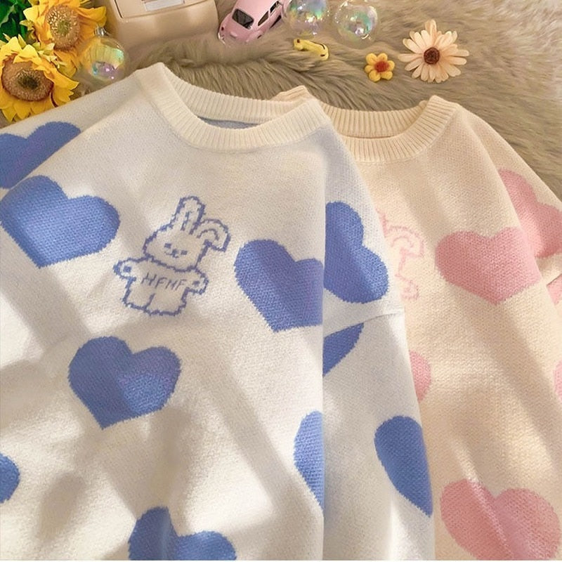 Love bunny knit sweater - bunny - checkered - heart - hearts - kawaii