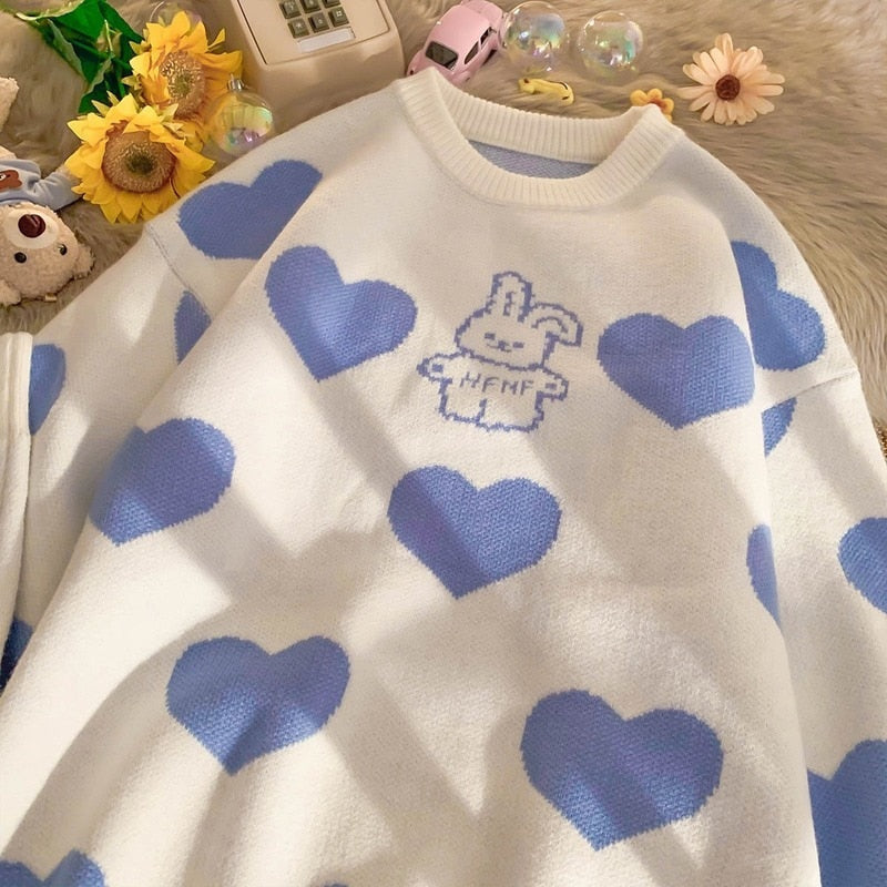 Love bunny knit sweater - bunny - checkered - heart - hearts - kawaii