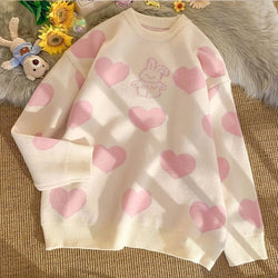 Love bunny knit sweater - bunny - checkered - heart - hearts - kawaii