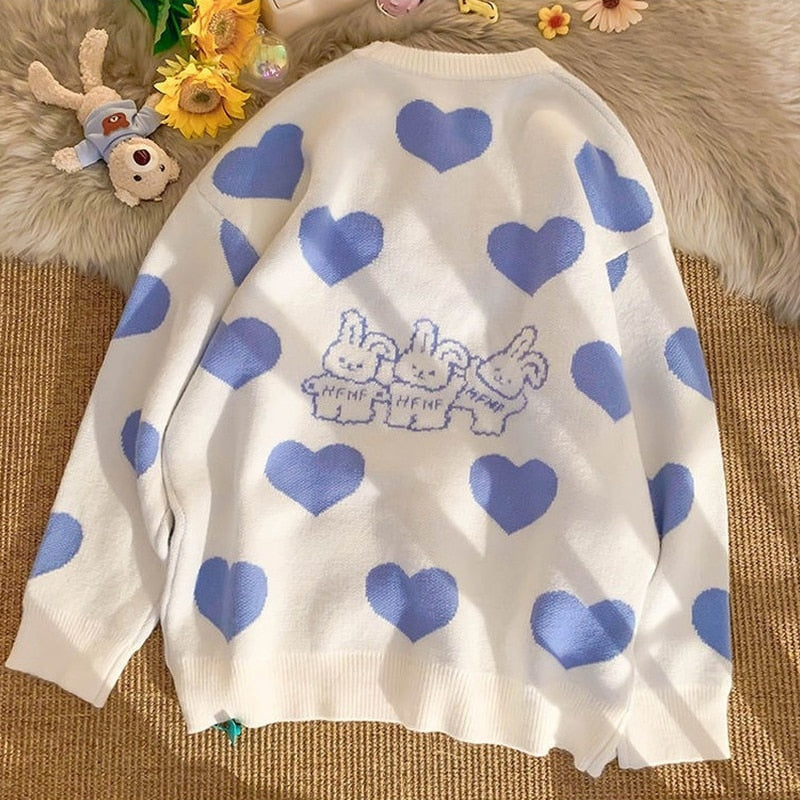 Love bunny knit sweater - bunny - checkered - heart - hearts - kawaii