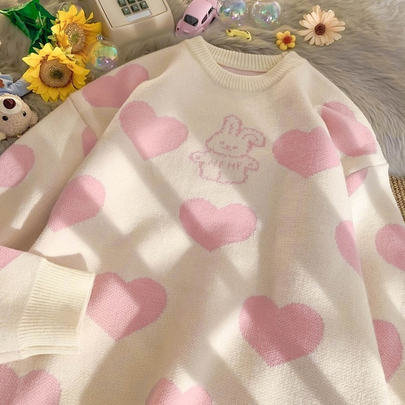 Love bunny knit sweater - bunny - checkered - heart - hearts - kawaii