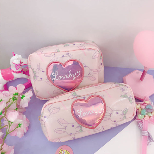 Lovely pink cosmetic bag - bunnies - bunny head - rabbit - coin bag - pouch