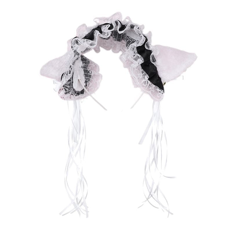 Maid cafe neko ear headband - bows - ears - fur - headband - lace