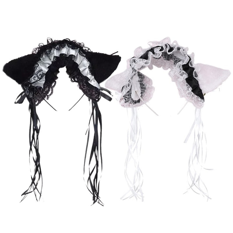 Maid cafe neko ear headband - bows - ears - fur - headband - lace