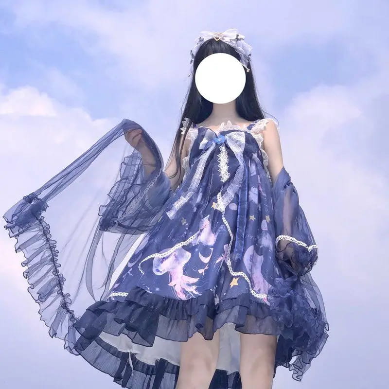 blue jellyfish dress vibrant open legs JSK Midnight Ocean Print Kawaii Fairy Kei Style Fit to Print A-line temu bows and elastic back Size:30W X 30L