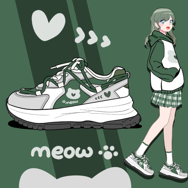 Meow army green sneakers - cats - footwear - green - hearts - kawaii