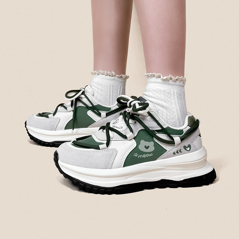 Meow army green sneakers - cats - footwear - green - hearts - kawaii