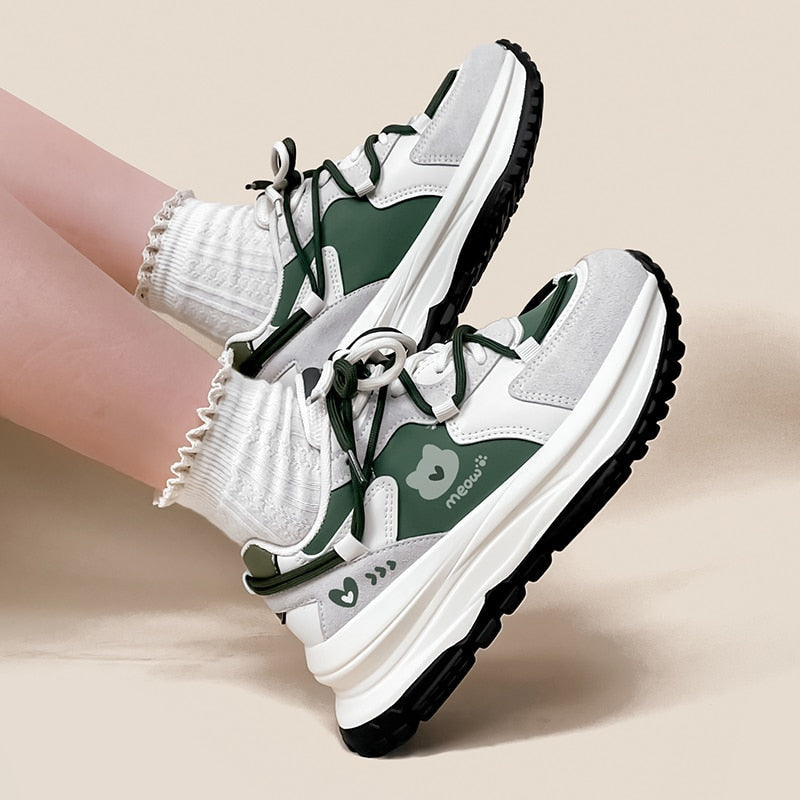 Meow army green sneakers - cats - footwear - green - hearts - kawaii