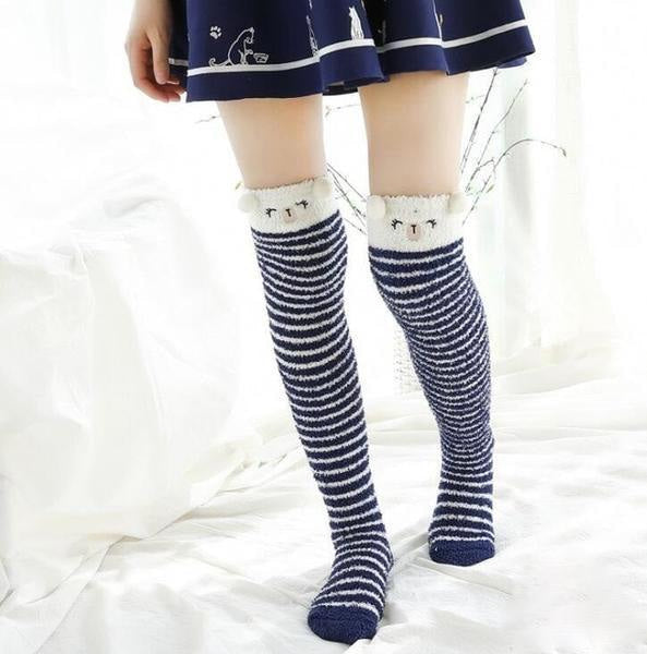 Navy bear thigh highs - furry socks - fuzzy - knee high - highs