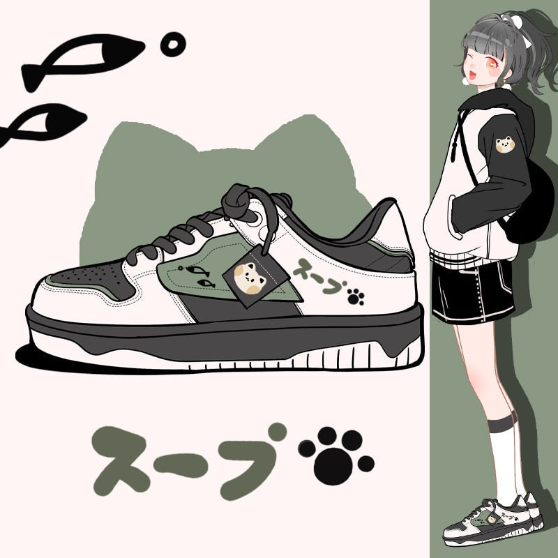 Olive cat fish sneakers - cats - fish - footwear - kawaii - shoes