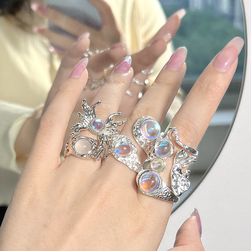 Adjustable Jeweled Unique Opal Alien Hammered Rings | Kawaii Babe