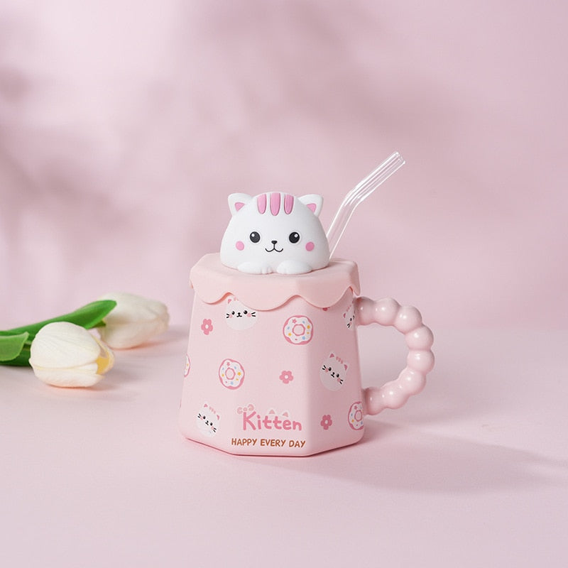 Pastel animal mug & straw set - bear - bears - bunny - cat - cats