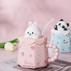 Pastel animal mug & straw set - bear - bears - bunny - cat - cats